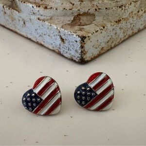 American Flag Enamel Heart Stud Earrings - Red White Blue